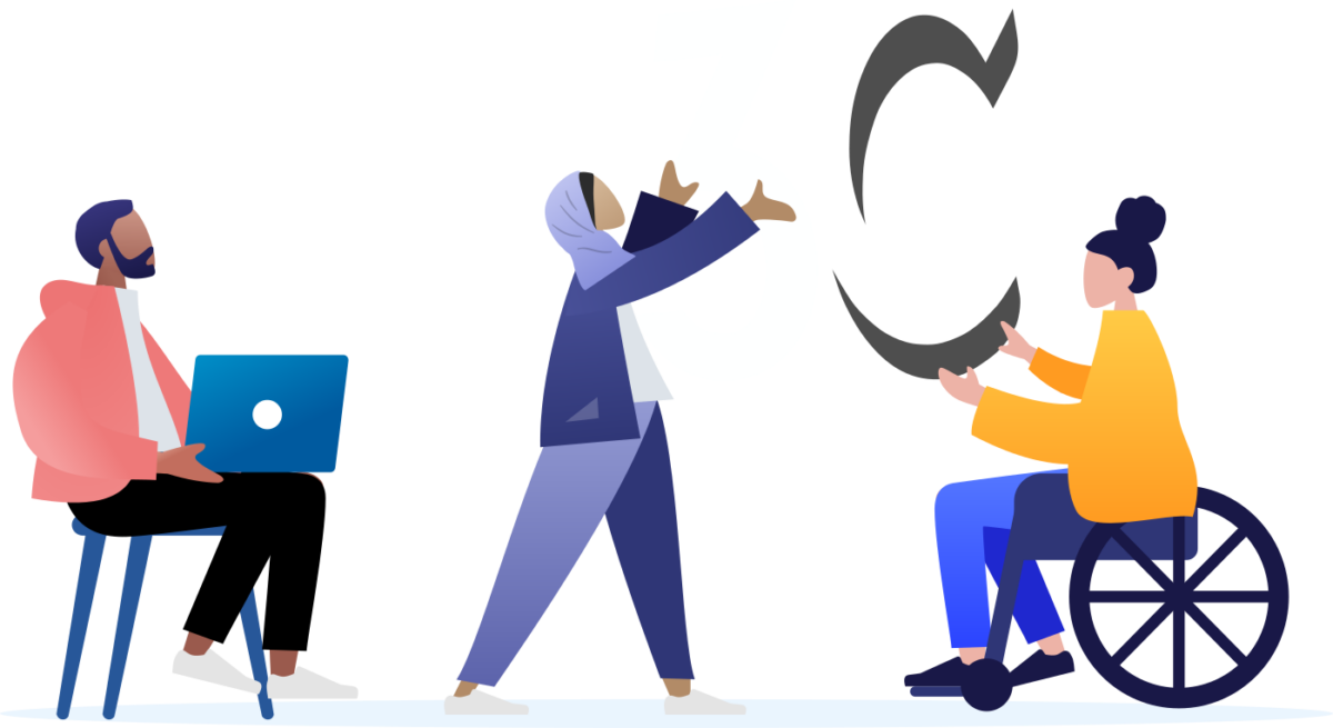 tres personas construyendo el logotipo de w3c