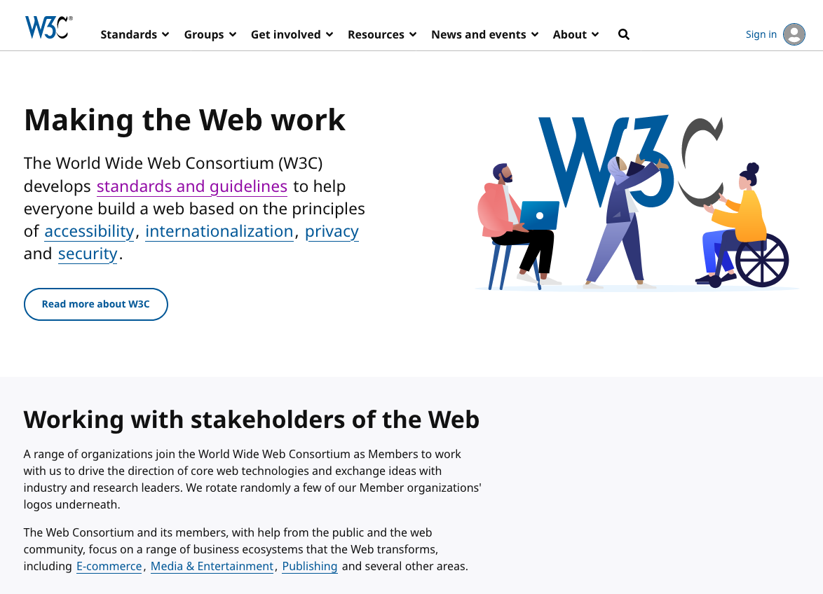 Captura de pantalla de ejemplo de la nueva página web de inicio del portal W3C